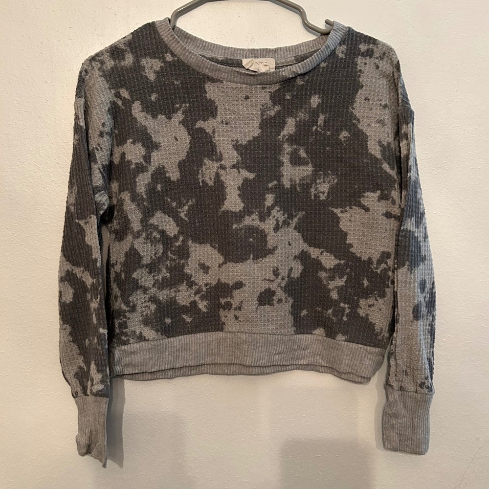 Cozie by Pink Rose XS Gray Tie Dye Waffle Knit Long Sleeve Pullover Crop Top